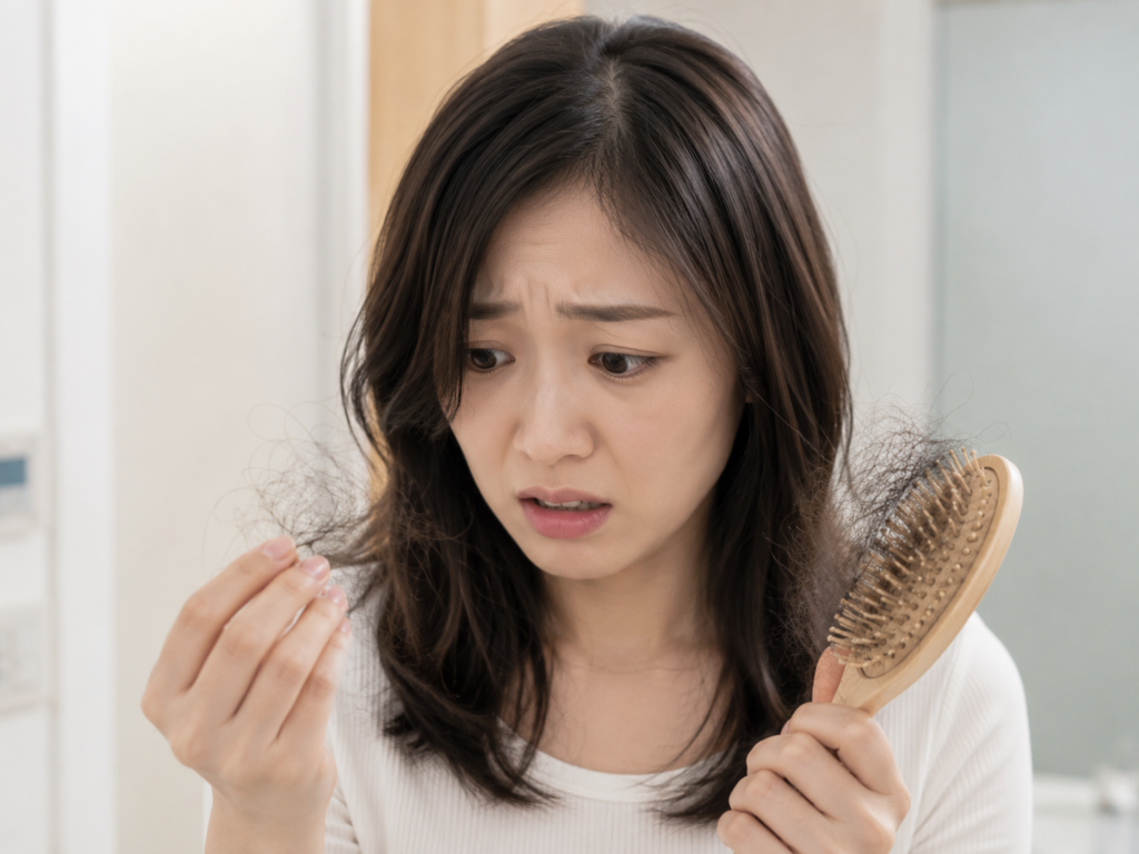 SOKOKARA結崎院 - 秋の抜け毛と頭皮メンテナンス（ブラシの抜け毛を気にする女性）