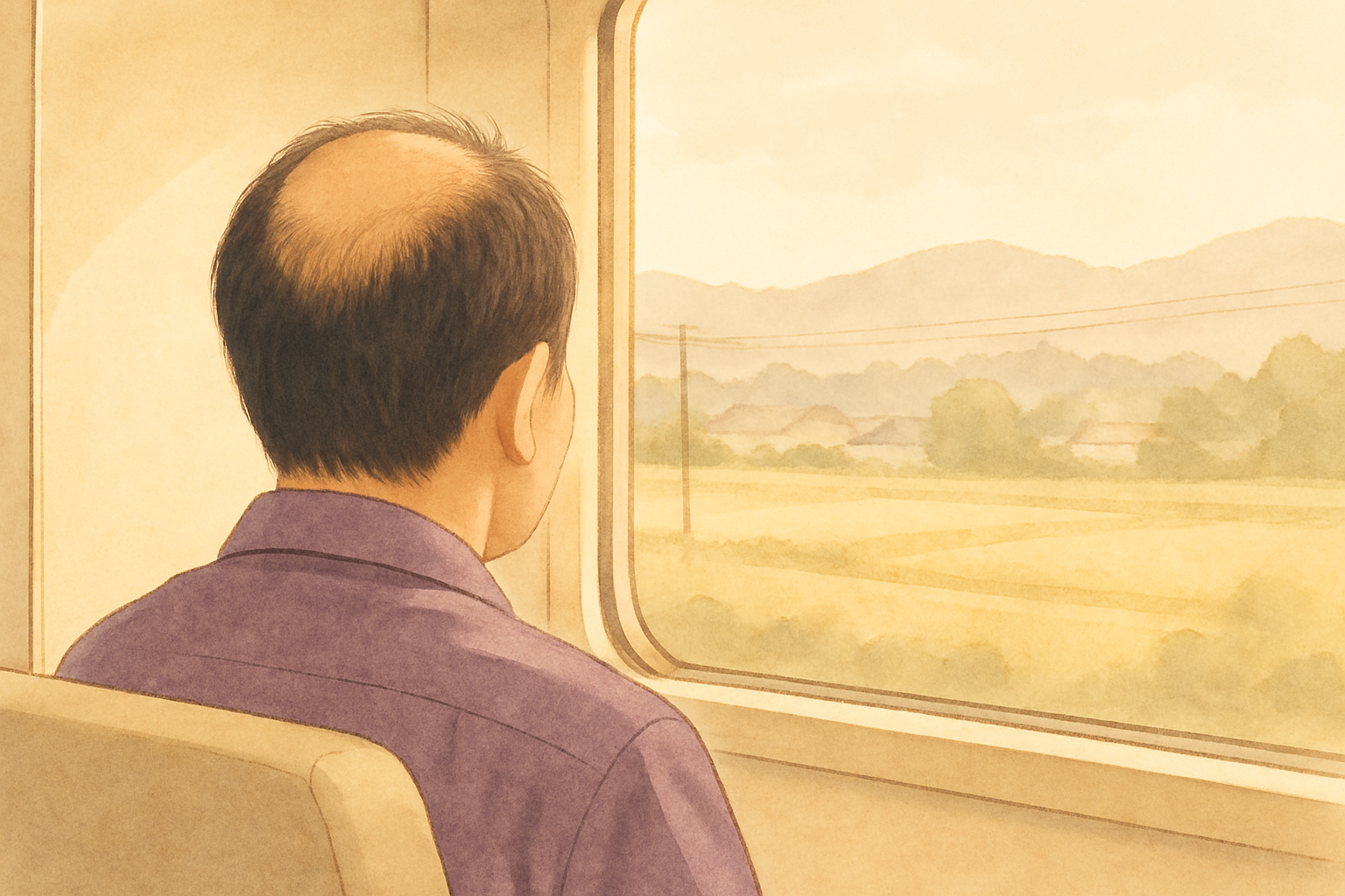 SOKOKARA結崎院 - 電車の窓辺で景色をながめる男性の後ろ姿(頭頂部の髪が少し薄くなっているイメージ)