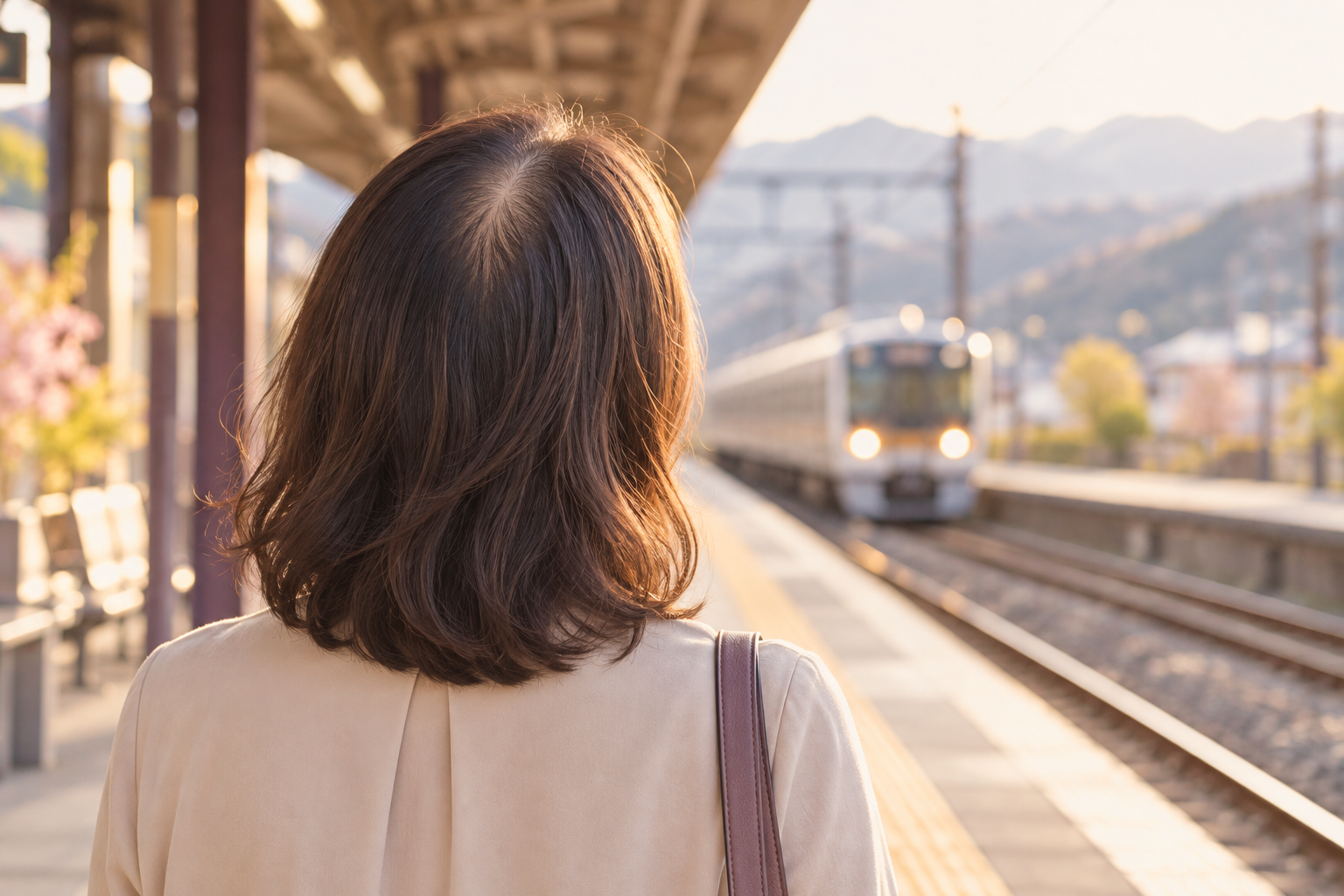 SOKOKARA結崎院 - 駅のホームで電車を待つ女性の後ろ姿(分け目が少し目立つイメージ)